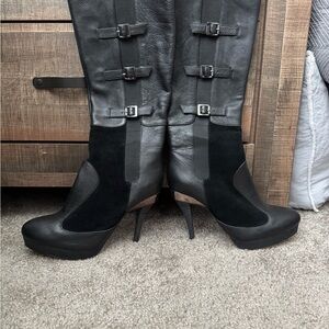 BCBGMAXAZRIA Emily Black Leather Buckled Boots